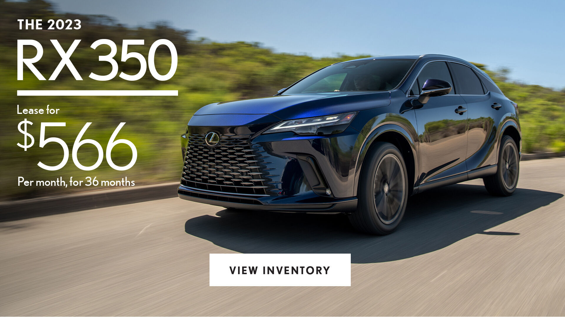 Driver side 3/4 view of the 2023 RX 350 driving on the road.