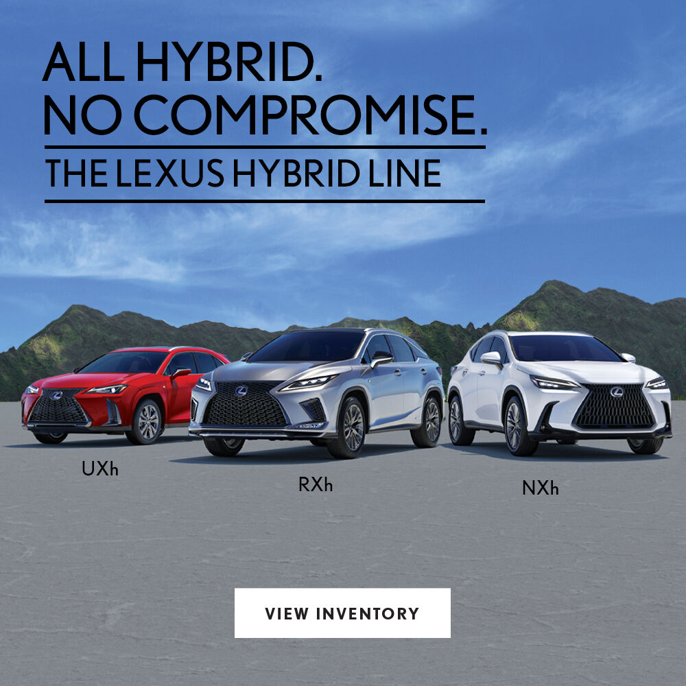 Lineup of Servco Lexus hybrids from left to right: 2022 UXh, 2022 RXh, and 2022 NXh.