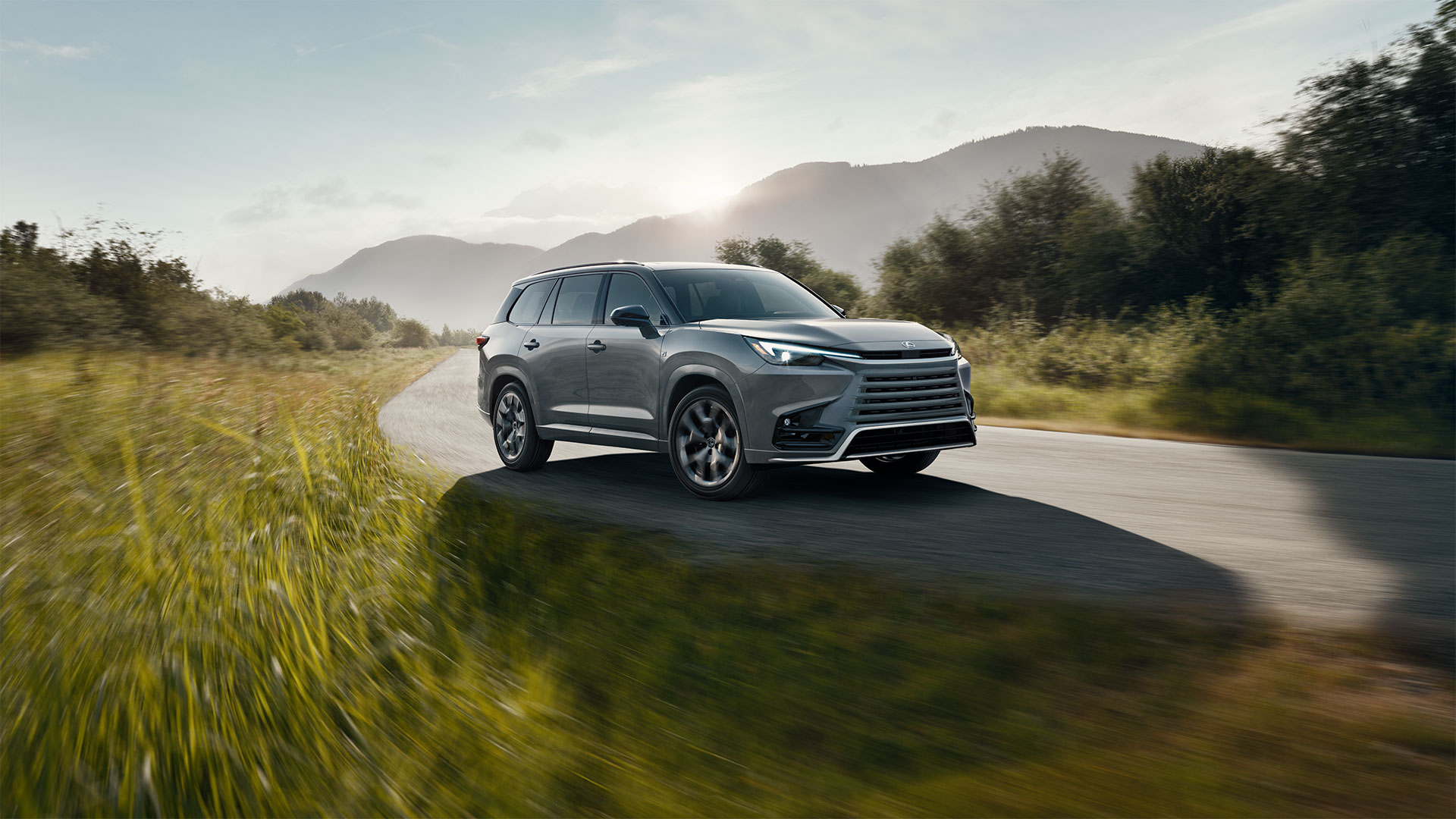 2025 TX 500 Hybrid Incognito driving on a curved roadway with grass on the sides